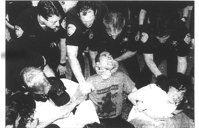 Photo of three student protesters with locked arms being held in chokeholds by various UCPD officers in the campus Social Sciences Building.