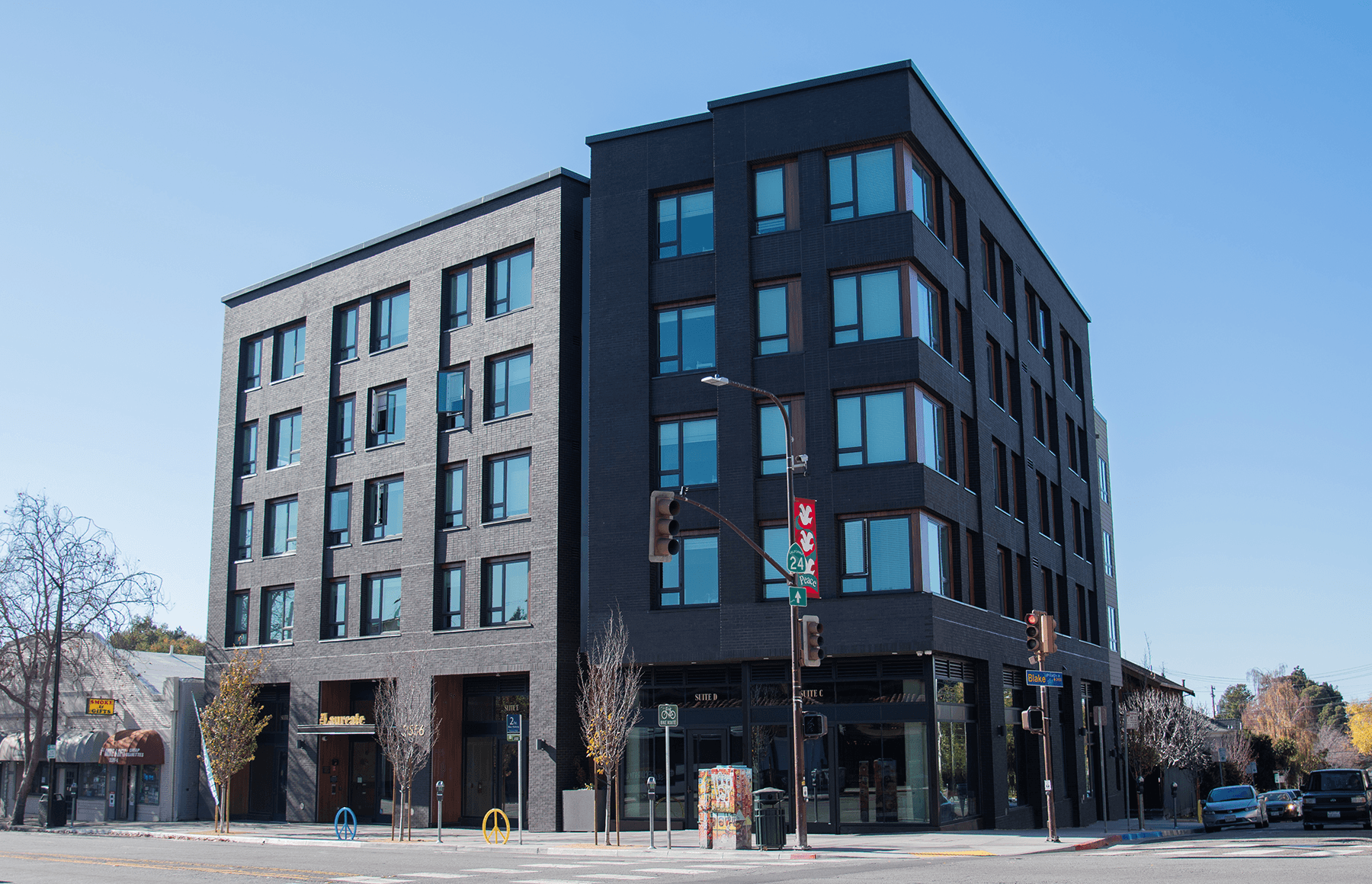 Southwest corner of the intersection of Telegraph Avenue and Blake Street in Berkeley, where new development has sprouted since the demolition of The Village. The image contains a gray and black building under clear blue skies and surrounded by leafless trees.